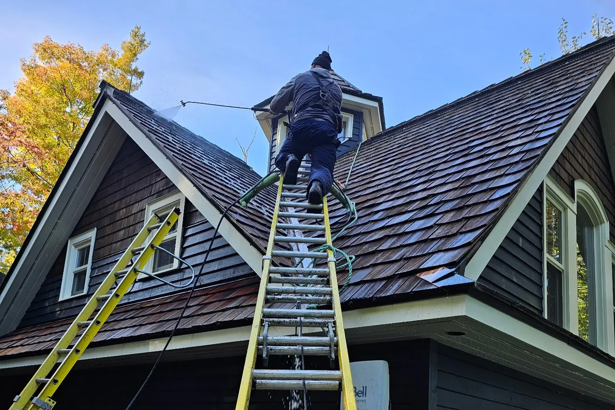 Professional roof cleaning in progress